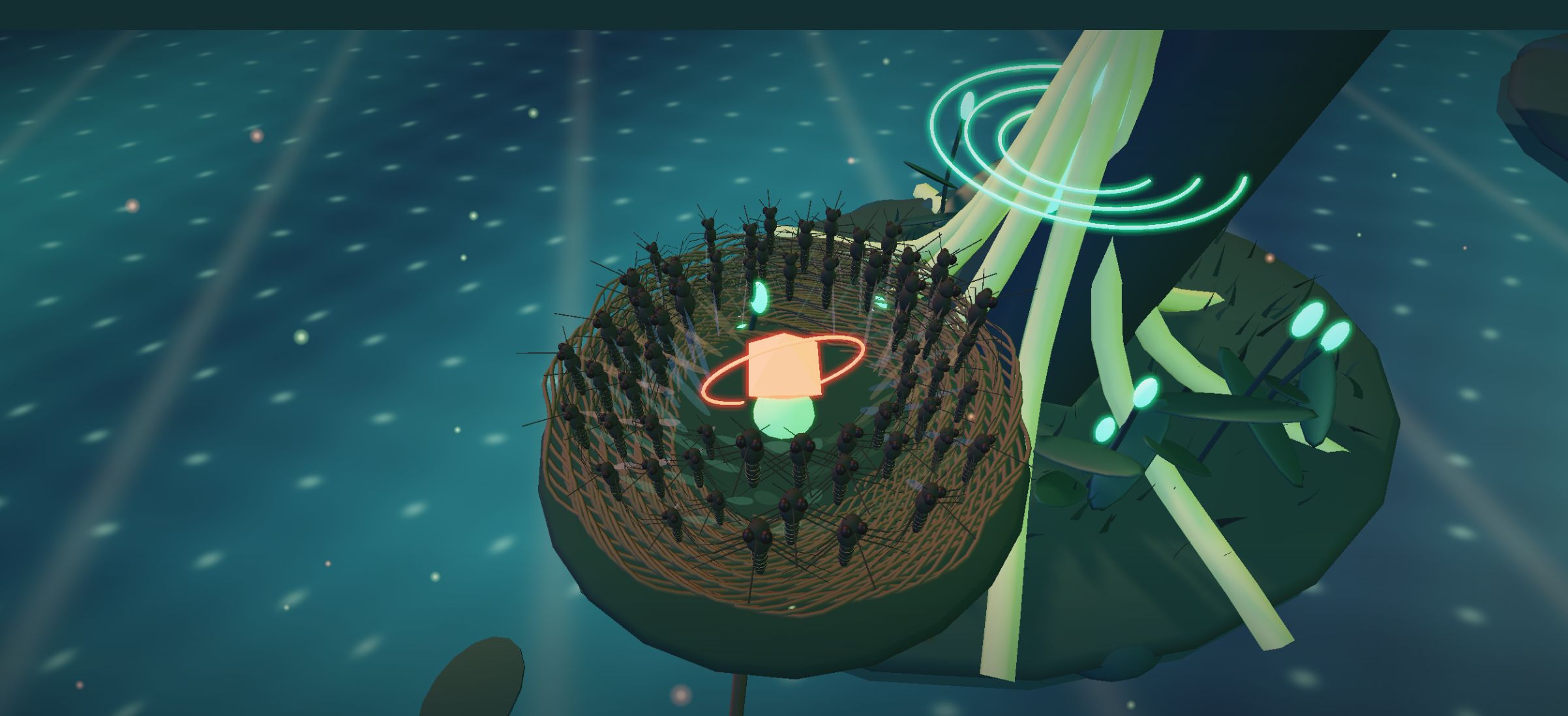 The mosquito swarm gathered in its nest beneath the source tree